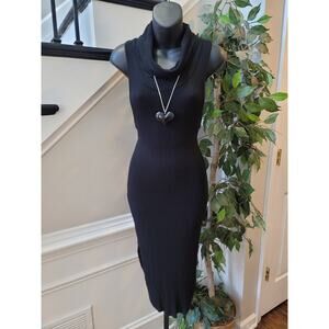 May Pink Midi Dress Women's Small Black Ribbed Knit Cowl Sleeveless Curved Hem
